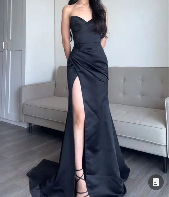 TingPo Wholesale Pretty Sheath Sweetheart Slit Black Satin Prom Dresses Evening Dress
